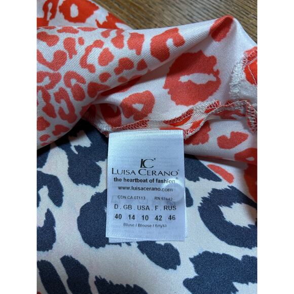 Luisa Cerano 100% Silk Animal Print Blouse Orange Rust Black Sz 10 Mob Wife - Picture 9 of 12